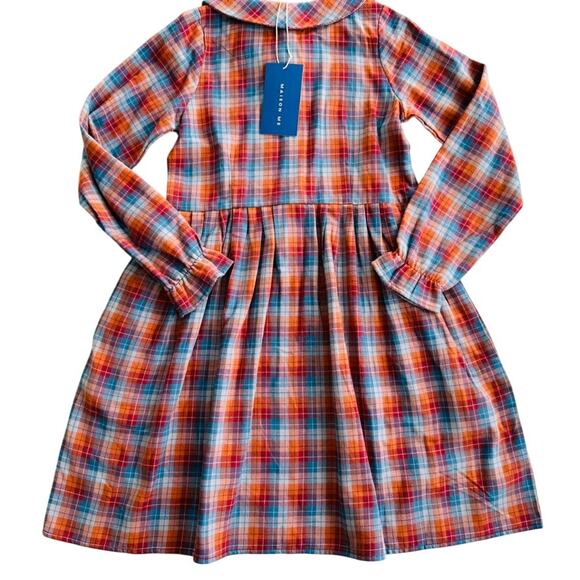 Maison Me Girls Plaid Flannel Dress SIze 8 NEW Red Orange Blue Collared - Picture 3 of 4